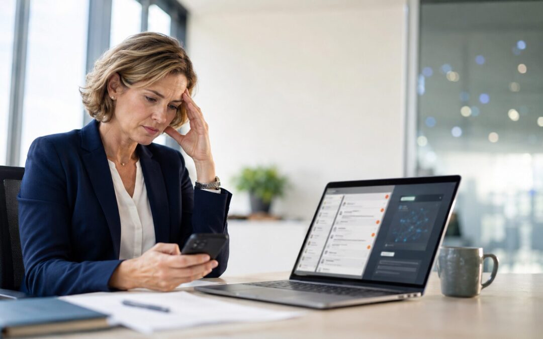Führungskraft erlebt digitalen Stress durch Smartphone, E-Mails und KI am Arbeitsplatz